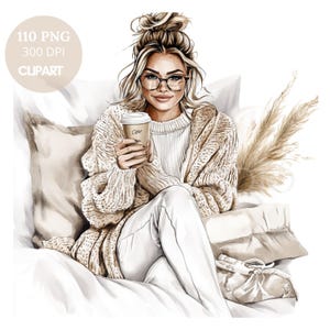Acquerello Relaxing Time Woman Clipart PNG, Pacchetto 110 Alta Qualità/Beige Beautiful Girl, Adesivi Stampabili Goodnotes, Download Digitale /820
