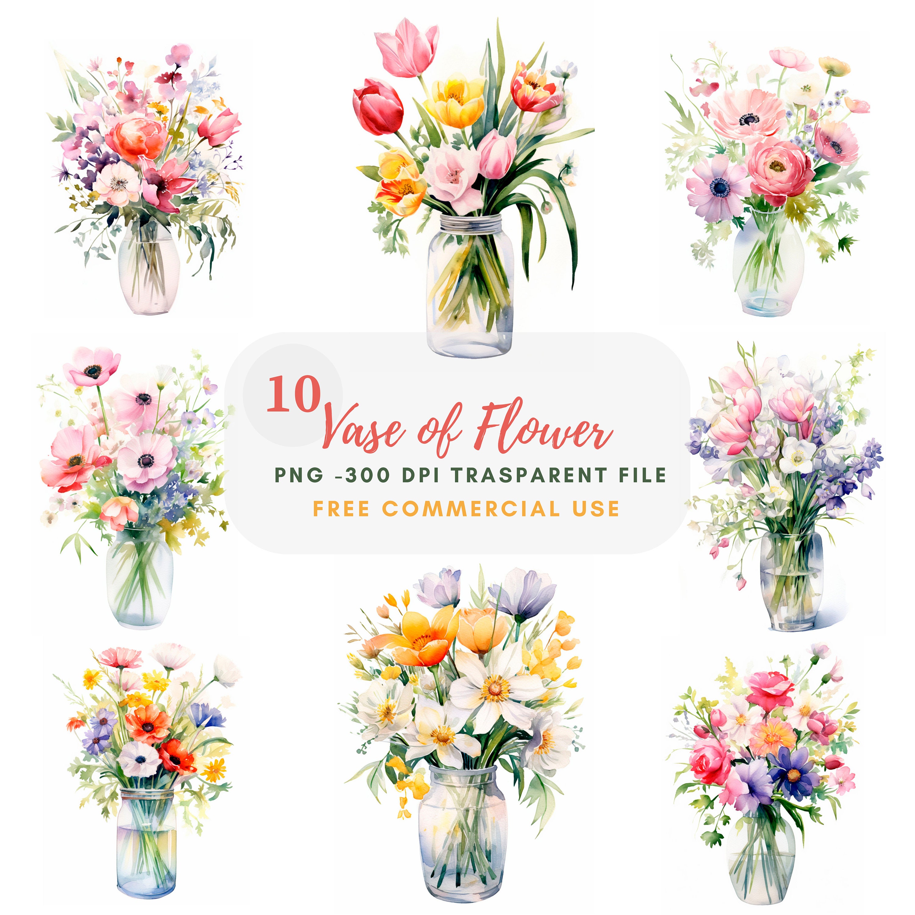 Vase of Flower Clipart Bundle 10 High Quality PNG, Watercolor Flower ...