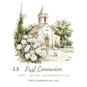 First Communion Clipart Bundle, Watercolor Church, Boy Praying, Printable Stickers Goodnotes (Digital Download) 712