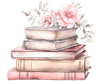 May include: A stack of five books with pink and beige covers, decorated with a bouquet of pink roses and green leaves.
