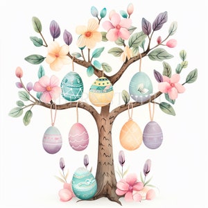 Puede incluir: Una pintura de acuarela de un árbol con flores de color rosa pastel, amarillo y verde. El árbol está decorado con huevos de Pascua coloridos que cuelgan de las ramas.