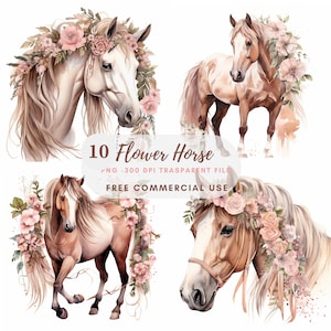 Flower Horse Clipart PNG Bundle 12 Alta qualità, Cavallo acquerello, Adesivi stampabili, Download digitale, Creazione di cartoline, Creazioni di carta digitale/349
