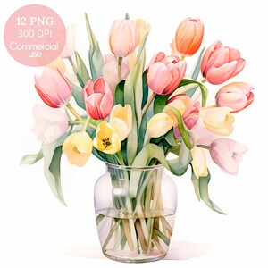 Vase à fleurs tulipes Clipart Bundle 12 PNG haute qualité, bordure florale aquarelle, téléchargement numérique, fabrication de cartes, créations artisanales en papier numérique | 342