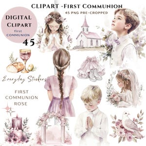 Clipart de rosa polvorienta de primera comunión (PNG)/Paquete de acuarela 45/ Niña y niño rezando con rosa/Descarga digital/Pegatinas imprimibles Goodnotes/786
