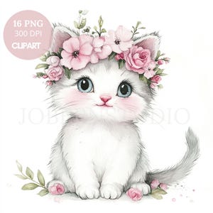 Fleur rose, lot de 16 cliparts animaux haute qualité PNG, aquarelle chat rose, lapin, téléchargement numérique, autocollants imprimables Goodnotes | 749