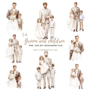 Noivo e filhos em aquarela - 16 clipart PNG | Primeira Comunhão | Noiva e Noivo | Adesivos imprimíveis Goodnotes | Download digital | 794