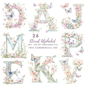 Paquete de 26 imágenes prediseñadas de letras del alfabeto floral PNG de alta calidad, mariposas con letras de acuarela, pegatinas imprimibles Goodnotes, descarga digital/ 632