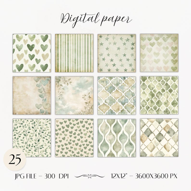 Vintage Sage Green Digital Paper Pack- Scrapbook Junk Journal Papers ...