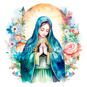 Nostra Signora di Guadalupe, Acquerello Clipart PNG,15 JPG di alta qualità,Download digitale,Creazione di cartoline, Supporti misti, Mestiere con carta digitale/ 10