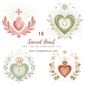 Pacchetto di clipart del Sacro Cuore 15 PNG di alta qualità, acquerello Gesù Maria, download digitale, creazione di biglietti, tecniche miste, artigianato con carta digitale/ 490