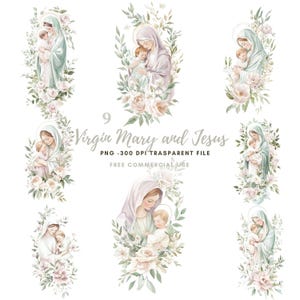 Clipart del fiore della Vergine Maria, pacchetto di 9 PNG di alta qualità, Vergine Maria e Gesù, adesivi stampabili Goodnotes, download digitale/774