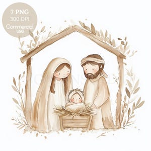 Kerststal clipart bundel 7 hoge kwaliteit png, aquarel kerststal heilige familie, Jezus Christus, Maria en Jozef, afdrukbare stickers Goodnotes | 617