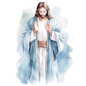 Paquete de imágenes prediseñadas de Jesucristo 11 PNG de alta calidad, acuarela Jesús orando, descarga digital, fabricación de tarjetas, medios mixtos, artesanía de papel digital / 337