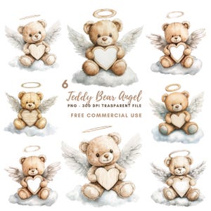 Ours en peluche ange Clipart PNG Bundle 6 haute qualité, ange gardien aquarelle, chambre d'enfant, autocollants imprimables Goodnlotes, téléchargement numérique | 612