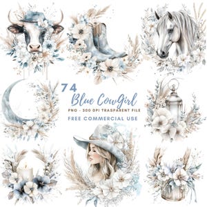 Aquarel cowgirl blauwe clipart, png, bundel 74 van hoge kwaliteit, vrouw blauwe western afdrukbare stickers Goodnotes| Digitale download| 734