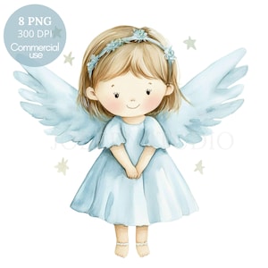 Paquete de 8 imágenes prediseñadas de ángel guardián en formato PNG de alta calidad, ángel azul de acuarela, pegatinas imprimibles Goodnotes, descarga digital/611