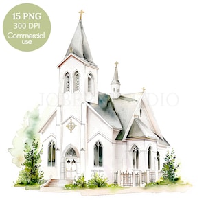 Weiß Kirche Clipart PNG, Bündel 15 hohe Qualität, Aquarell Hochzeit in der Kirche, digitaler Download, Kartenherstellung, digitales Papier, bedruckbarer Aufkleber | 404