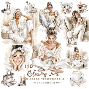Watercolor Relaxing Time Woman Clipart PNG,Bundle 110 High Quality|Beige Beautiful Girl,Printable Stickers Goodnotes, Digital Download |820