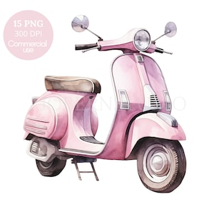 Pacchetto clipart Vespa rosa 15 PNG di alta qualità, acquerello moto Vespa, adesivo stampabile, download digitale, artigianato in carta digitale/ 431