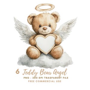 Teddy Bear Angel Clipart PNG Bundle 6 Alta qualità, Angelo custode acquerello, Asilo nido, Adesivi stampabili Goodnlotes, Download digitale /612