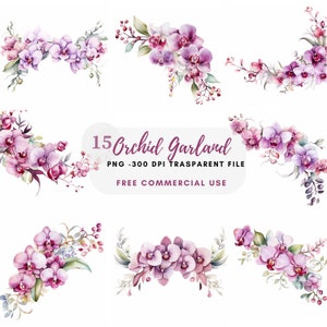 Pacchetto Clipart Ghirlanda di orchidee 15 PNG di alta qualità, Bordo floreale acquerello, Adesivi, Download digitale, Creazione di cartoline, Creazioni di carta digitale/146