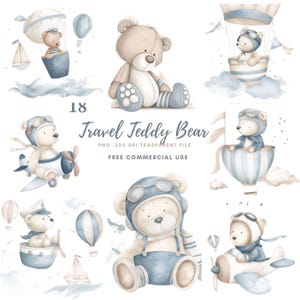May include: A collection of watercolour illustrations featuring teddy bears in aviator attire and hot air balloons. The image includes the text "Travel Teddy Bear" and "Free Commercial Use". The colour palette consists of blues, beige, and white.