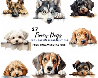 May include: A collection of 27 watercolor illustrations of dogs peeking over a surface. The dogs are in various breeds and poses, with some looking playful and others looking more serious. The illustrations are in a cartoon style and are perfect for use in digital or printed projects.