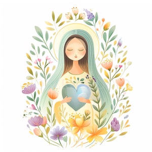 Clipart del Sacro Cuore Immacolato, bundle 15 di alta qualità, acquerello di Santa Maria, download digitale, creazione di cartoline, supporti misti, artigianato in carta digitale/248