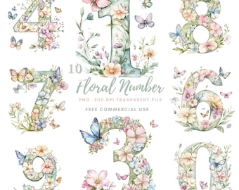 May include: Watercolor floral numbers 0-9, each adorned with pastel flowers and butterflies. The numbers are in a soft, muted color palette, with the text "Floral Number" and other details.