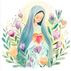 Clipart sacré-coeur immaculé, lot de 15 haute qualité, aquarelle Sainte-Marie, téléchargement numérique, fabrication de cartes, techniques mixtes, créations manuelles en papier numérique | 248
