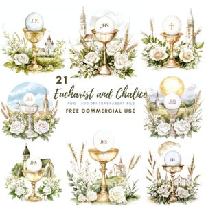 Erstkommunion Clipart PNG, Bündel 21 hohe Qualität, Aquarell Eucharistie und Kelch, bedruckbare Aufkleber Goodnotes, digitaler Download 713