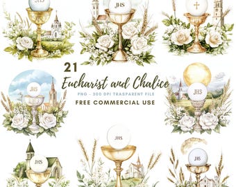 First Communion Clipart PNG,Bundle 21 High Quality, Watercolor Eucharist and Chalice,Printable Stickers Goodnotes, Digital Download| 713