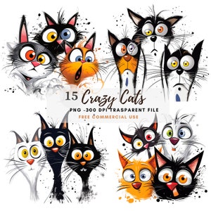 Crazy Cats Clipart PNG Bundle 15 JPG di alta qualità, divertenti gatti neri scontrosi, download digitale, creazione di cartoline, supporti misti, artigianato in carta digitale/ 103