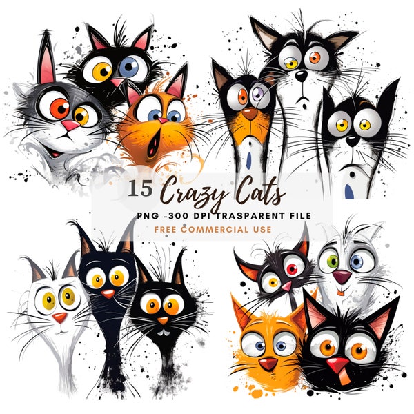 Crazy Cats Clipart PNG Bundle 15 High Quality JPG,Funny Grumpy Black Cats,Digital Download,Card Making,Mixed Media,Digital Paper Craft| 103