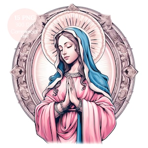 Clipart Vergine Maria rosa, bundle 15 PNG di alta qualità, clip art acquerello JPG, download digitale, creazione di cartoline, supporti misti, artigianato in carta digitale/16