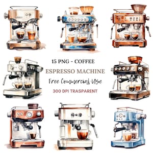 Coffee Espresso Machine Clipart PNG, Bundle 15 alta qualità, Download digitale acquerello vintage, Creazione di carte, Mestiere di carta digitale, Adesivo/120