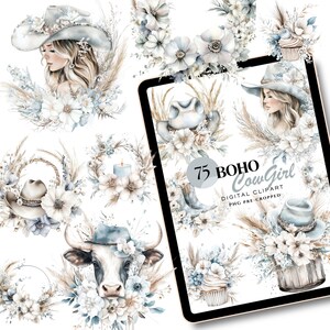Aquarel cowgirl blauwe clipart, png, bundel 74 van hoge kwaliteit, vrouw blauwe western afdrukbare stickers Goodnotes| Digitale download| 734