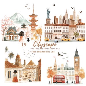 Cityscape Clipart PNG | Bundle 19 High Quality |Watercolor New York , Paris, Tokyo, Italy,Printable Stickers Goodnotes|Digital Download |848