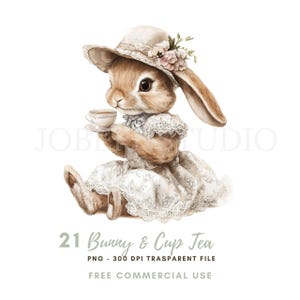 Bunny con tazza Clipart PNG Bundle 21 Alta qualità, acquerello coniglio tazza tè / Download digitale / Adesivi stampabili Goodnotes / 766
