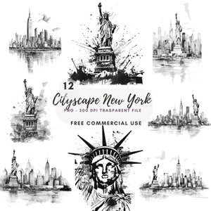 PNG clipart dello skyline di New York, bundle 12 di alta qualità, inchiostro nero di paesaggio urbano, adesivi stampabili, download digitale, creazione di cartoline, supporti misti/420