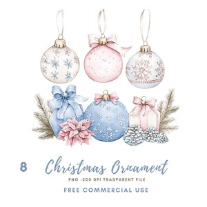 May include: Watercolor illustration of Christmas ornaments in pastel colors. The image features three hanging ornaments and other decorative elements, including gifts, pine cones, and floral accents. Text at the bottom reads "Christmas Ornament".