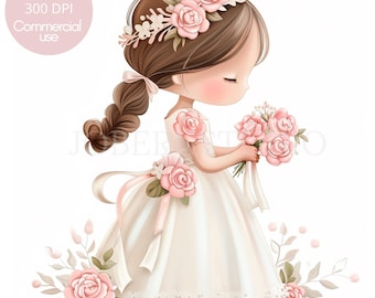 May include: A digital illustration of a young girl wearing a white dress with a pink floral crown and holding a bouquet of pink roses.
