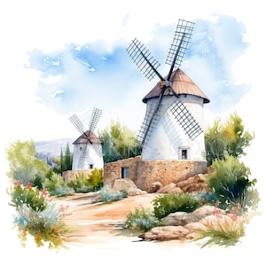 Moulins à vent Provence Clipart PNG, Bundle 15 JPG de haute qualité, Téléchargement numérique, Autocollants imprimables, Fabrication de cartes, Médias mixtes, Artisanat en papier numérique|77