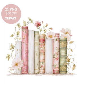 May include: A watercolour illustration of a collection of books adorned with floral and botanical elements. The books feature pink, white, and green hues, with floral designs and gold detailing. The image includes the text "21 PNG 300 DPI CLIPART".