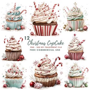 May include: Twelve Christmas-themed cupcakes decorated with red and white sprinkles, candy canes, and holly leaves. The cupcakes are in various colors, including red, white, green, and blue. The cupcakes are on a white background with snowflakes and other wintery decorations.