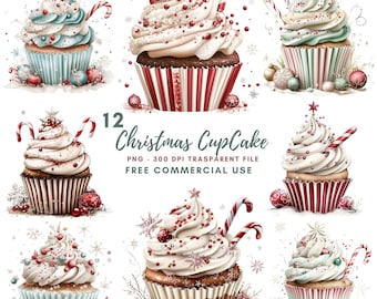 Watercolor Christmas CupCake Clipart,Bundle 12 High Quality PNG,Winter CupCake, Printable Stickers Goodnotes, Digital Download| 650