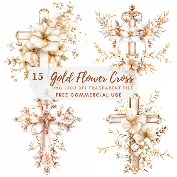 Flower Cross Gold Clipart Bundle 15 High Quality PNG,Wedding Cross ,Sticker,Digital Download,Card Making,Mixed Media,Digital Paper| 275