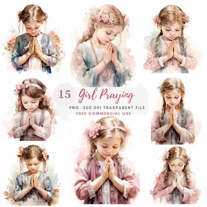 Chica orando Clipart PNG, Paquete 15 JPG de alta calidad, Mujer de oración, Descarga digital, Fabricación de tarjetas, Artesanía de papel digital, Pegatinas imprimibles/ 290