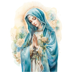 Clipart Vergine Maria, bundle 10 PNG di alta qualità, acquerello vintage Santa Maria, download digitale, creazione di cartoline, supporti misti, creazione di carta digitale/170