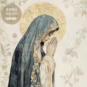 Pacchetto di 9 clipart della Vergine Maria PNG di alta qualità / Acquerello vintage della Santa Maria / Adesivi stampabili Goodnotes / Download digitale / 792